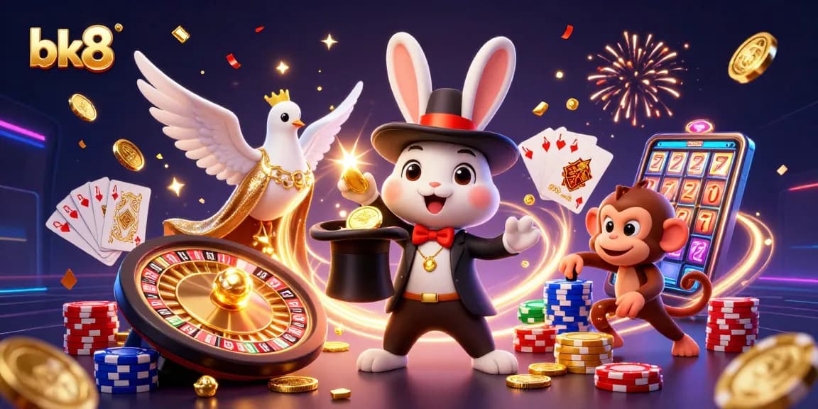 Engage with bk8's thrilling casino scene featuring a magician rabbit, dove, and monkey amidst golden coins and jackpots.