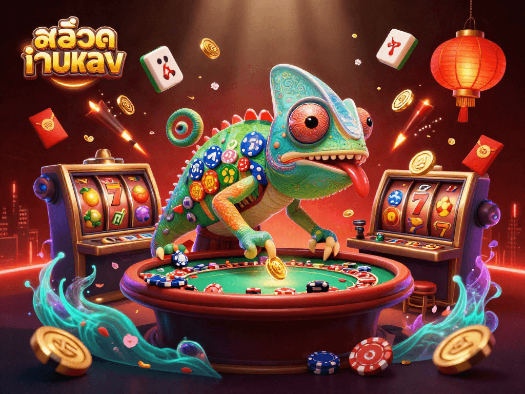 Engage with สล็อตเว็บตรง and win big in vibrant casino scenes featuring chameleons and slot games.