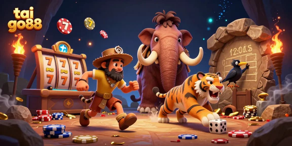 Experience tai go88 with a prehistoric casino scene featuring adventurous characters and vibrant game elements.