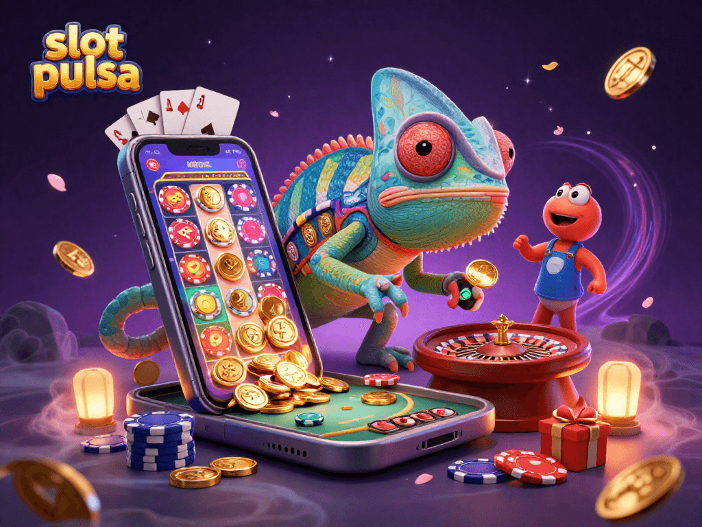 Experience thrilling moments with slot pulsa as golden coins erupt in a vibrant casino setting.