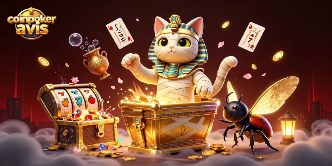 Découvrez CoinPoker avis avec un chat momie égyptien dans un casino pyramidal, entouré de rouleaux de machines à sous.