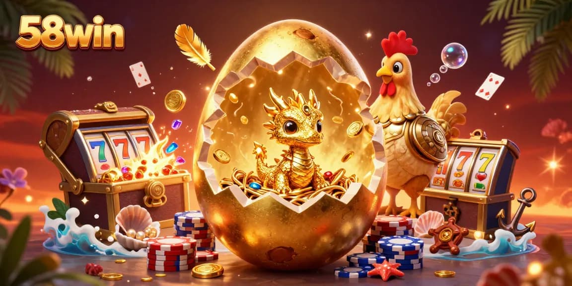 Immerse in the exciting world of 58win, showcasing a golden baby dragon and slot elements, symbolizing thrilling gambling.