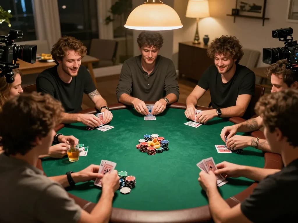 Pemain Jalatogel menikmati malam poker kompetitif dengan chip dan kartu di meja yang nyaman.