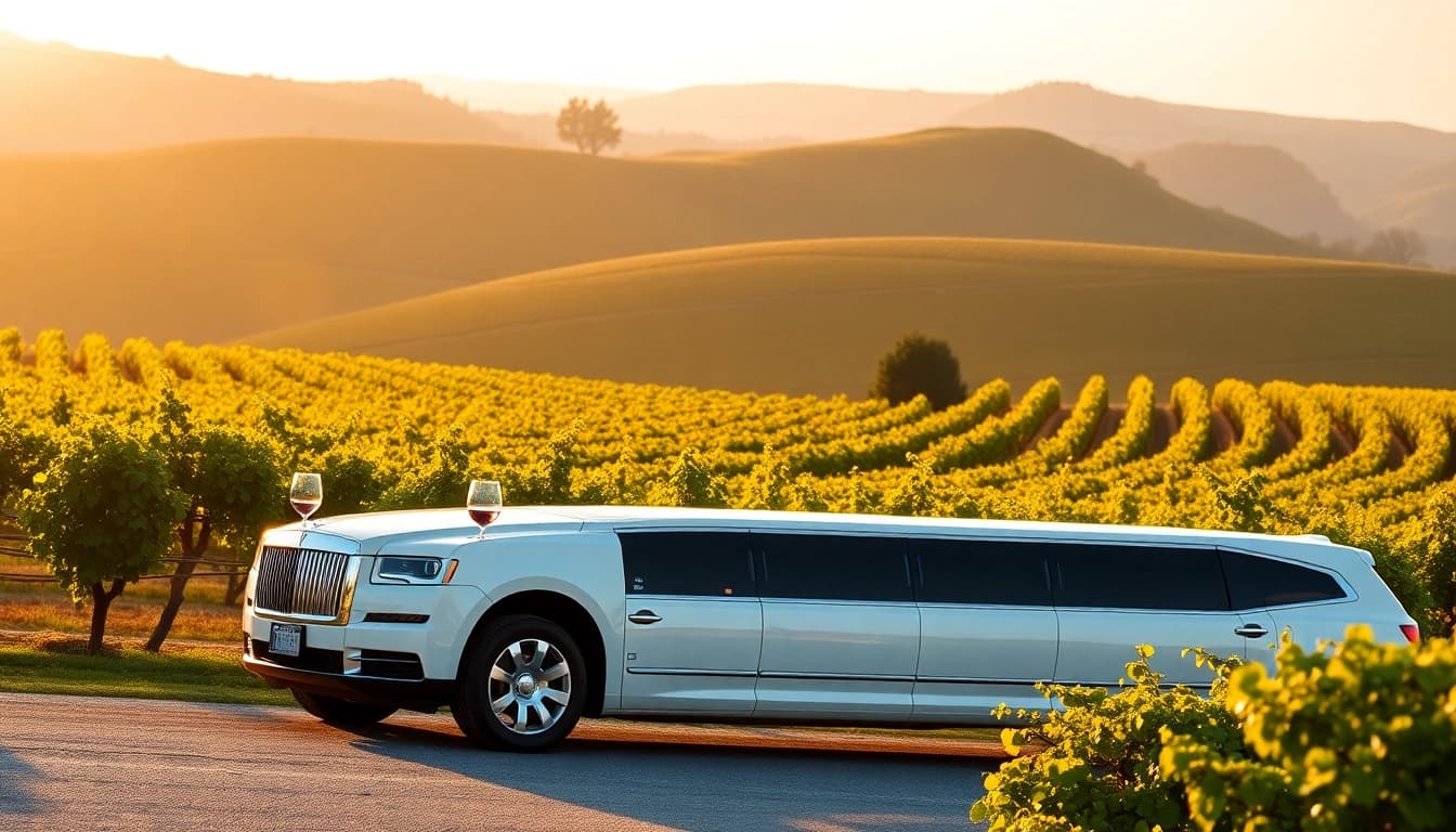 Experience luxury with wine tour limo packages against a stunning vineyard backdrop.