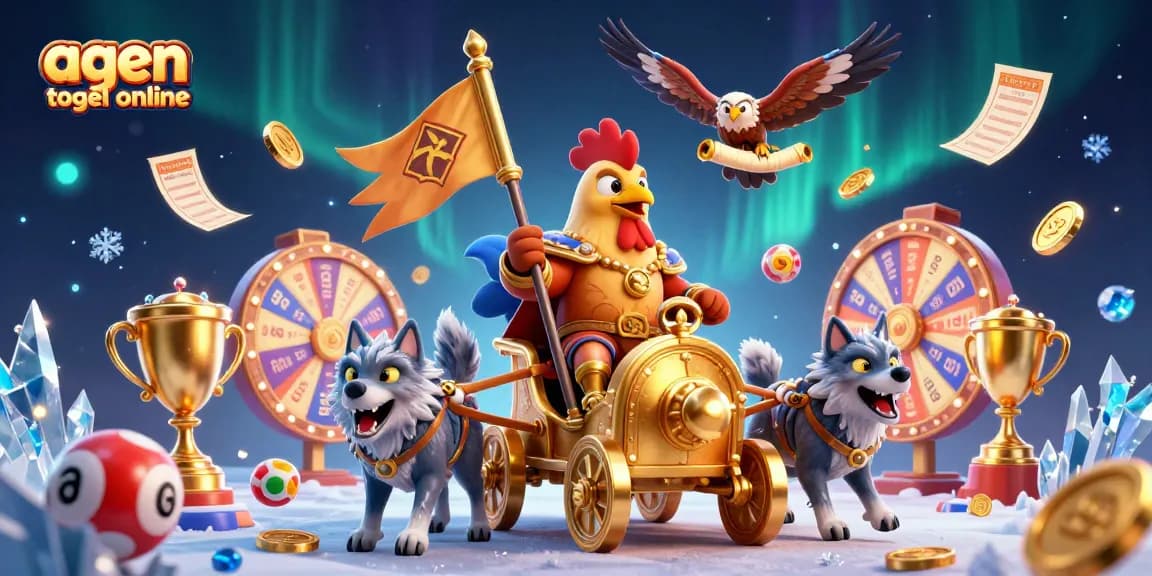 Experience the thrill of agen togel online with a dynamic 3D scene featuring a rooster warlord and vibrant lottery elements.
