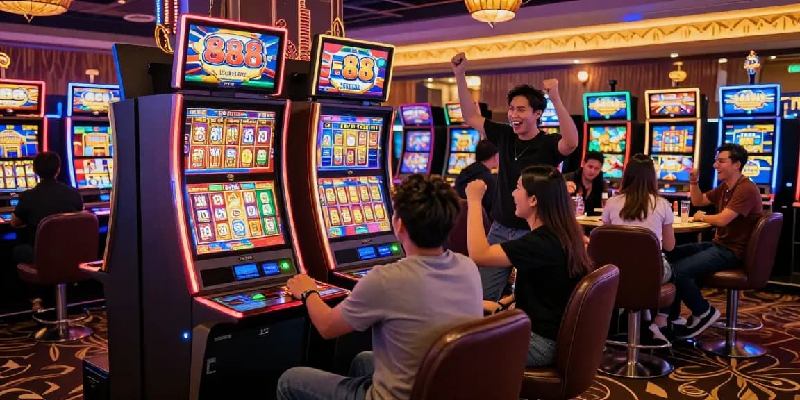 Excited friends celebrating a win at a slot88 resmi machine in a vibrant casino.