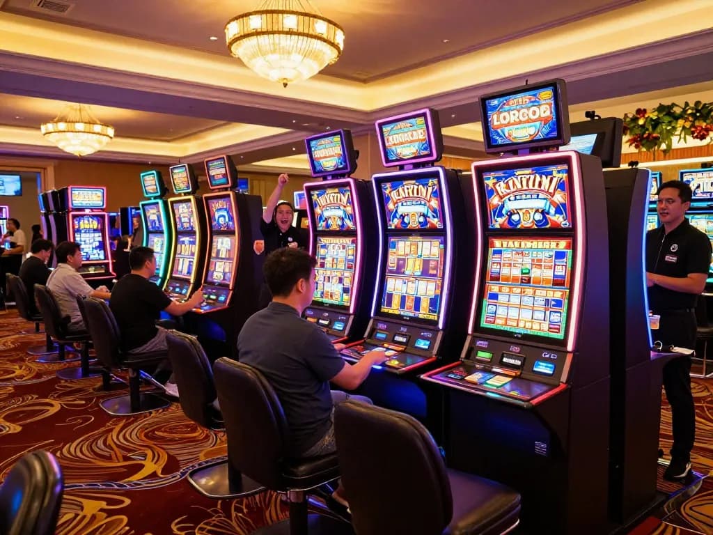 Players enjoying slot777 machines in an upscale casino, capturing the thrill of gaming.