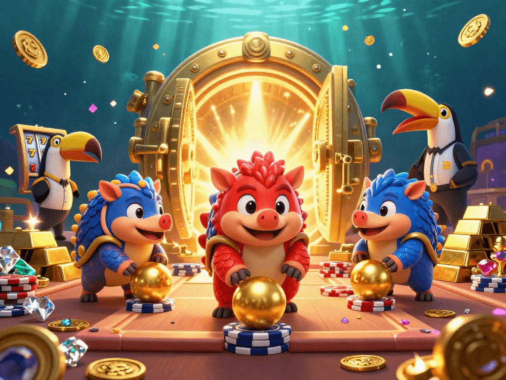 Engage in สล็อตเว็บตรง gameplay with rival pangolins rolling golden balls among poker chips in a vibrant casino scene.