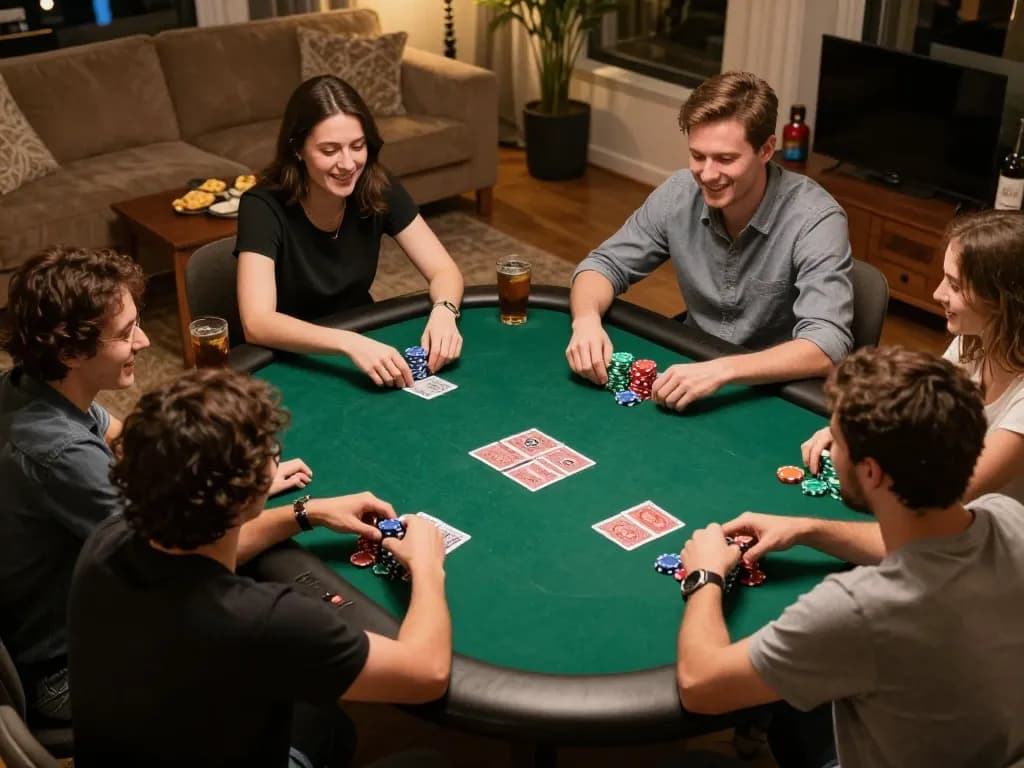 Players enjoying poker night at home, showcasing a lively game scene highlighting 98win com1.