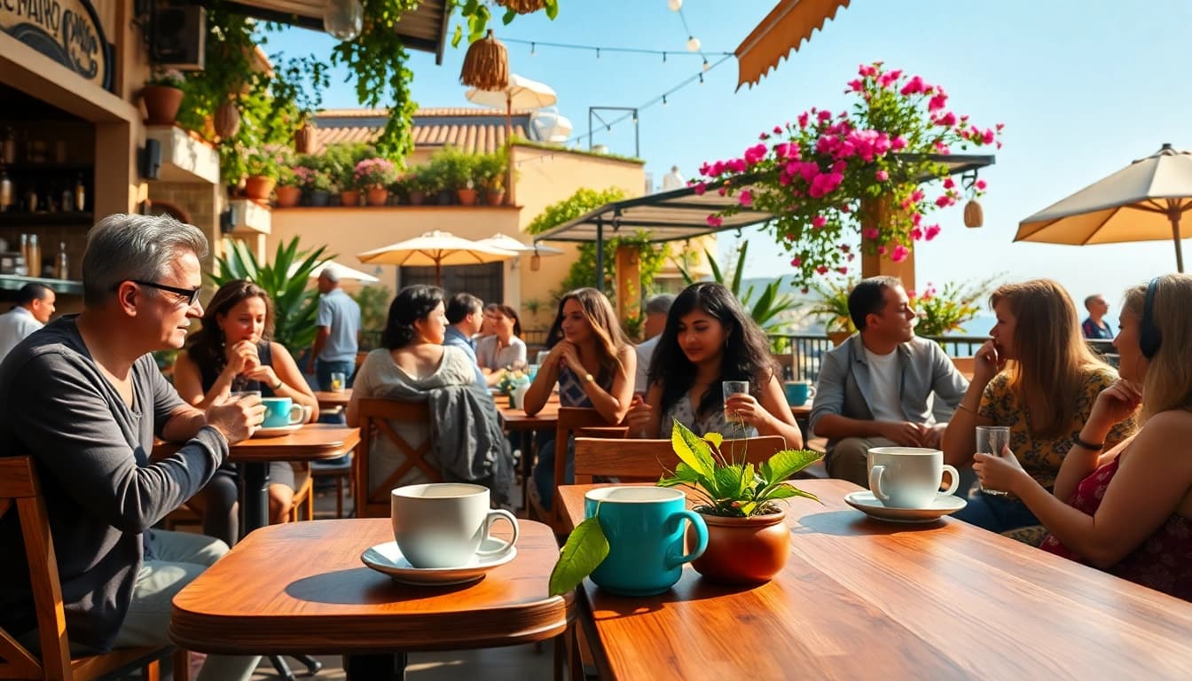 Customers savor coffee at the Coffee Shop Lloret de Mar, showcasing a vibrant atmosphere and inviting decor.