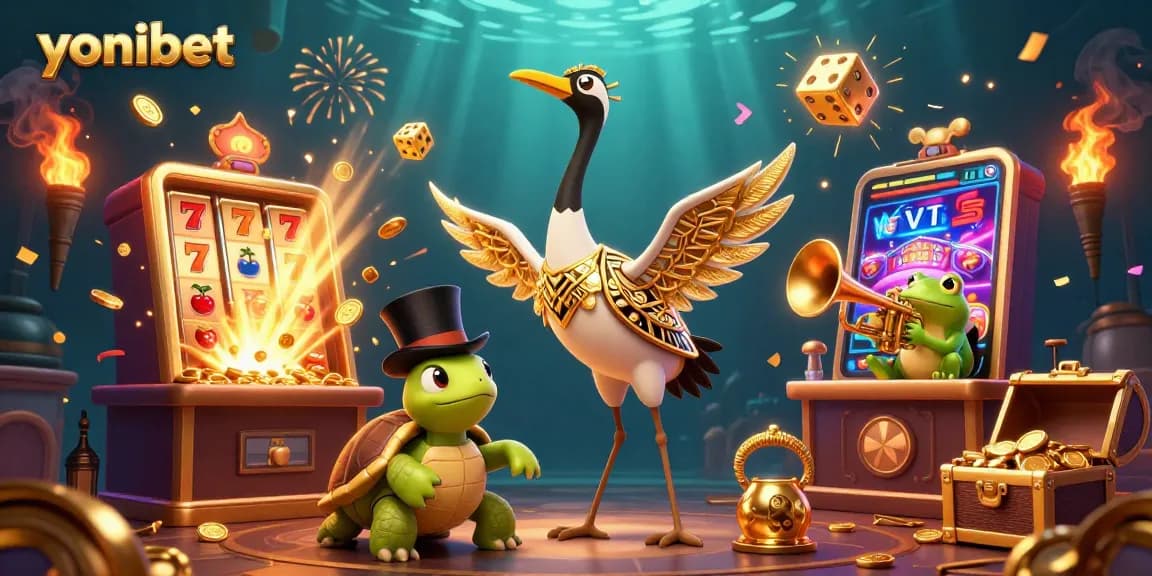 Experience the excitement at yonibet with vibrant 3D casino-themed characters, slot machines, and game action!