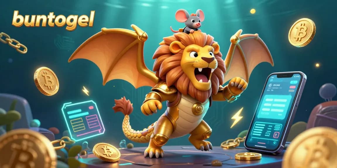 Buntogel offers thrilling lottery experiences with dynamic action and vibrant visuals in a 3D illustration.