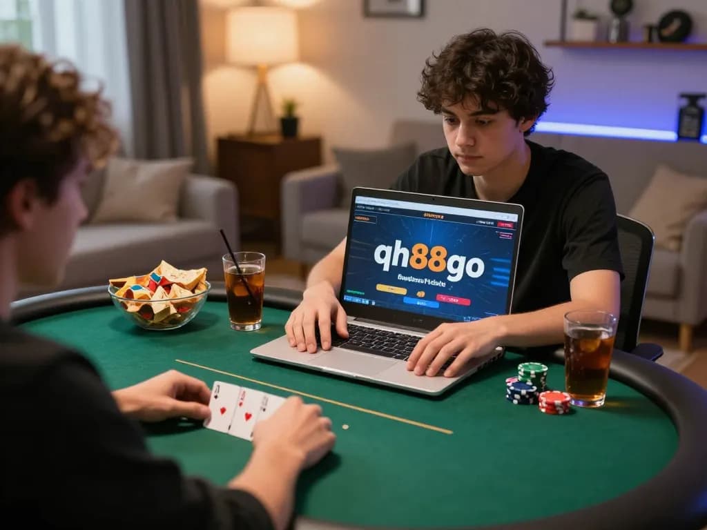 Engaging user playing poker on qh88go website, showcasing a relaxed home gaming atmosphere.
