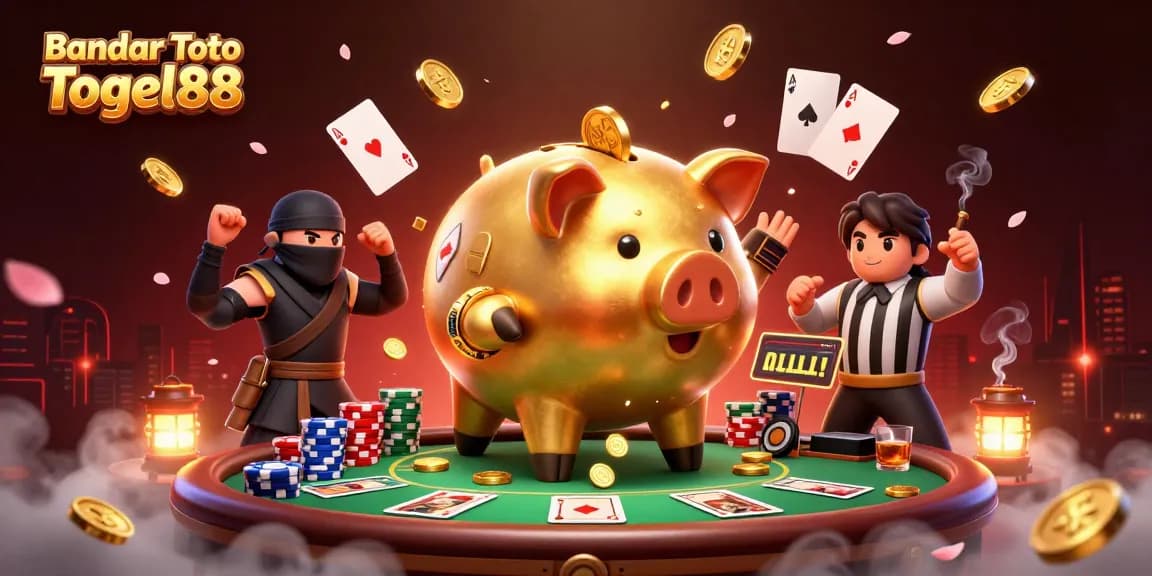 Engage in thrilling games with Bandar Toto Togel88 featuring a golden piggy bank sumo wrestler in a dynamic casino scene.