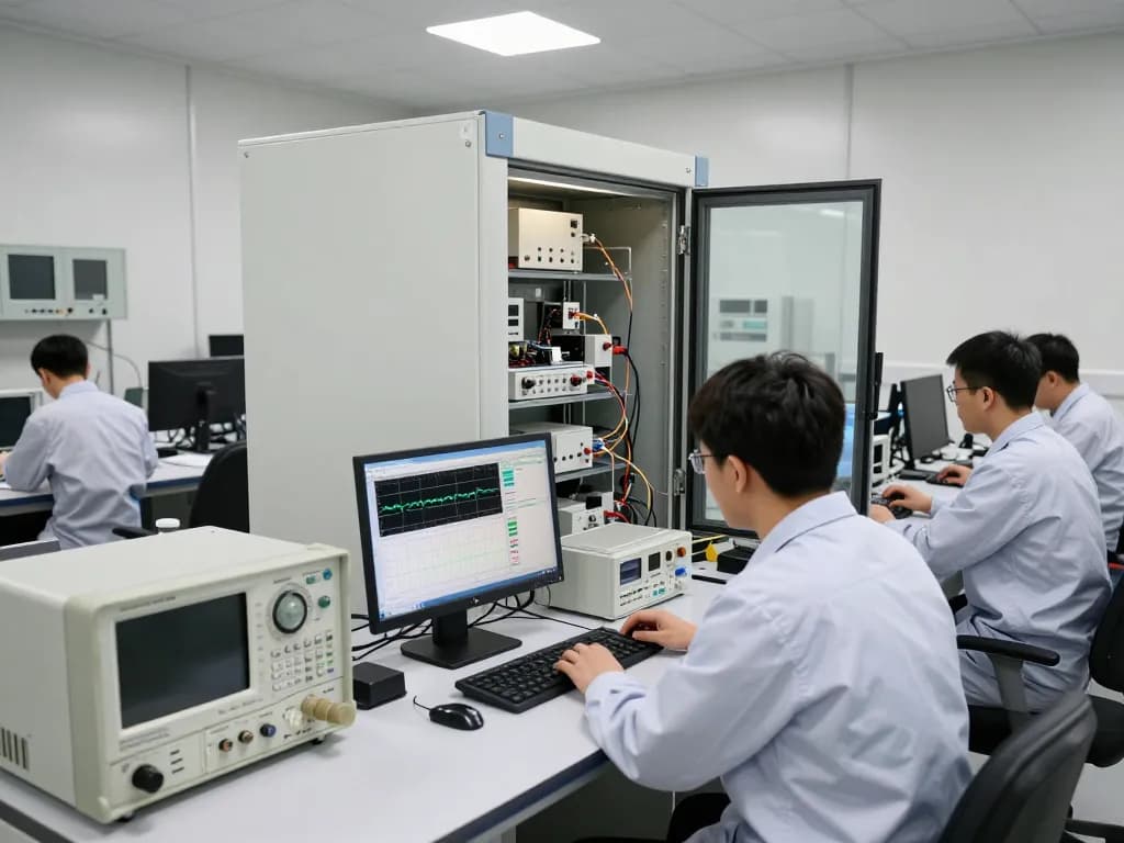 Engineers conducting EMC compliance testing for the Declaration of Conformity in a high-tech laboratory.