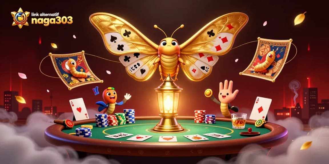 Engage with link alternatif naga303 in a vibrant casino scene featuring an atlas moth and poker elements