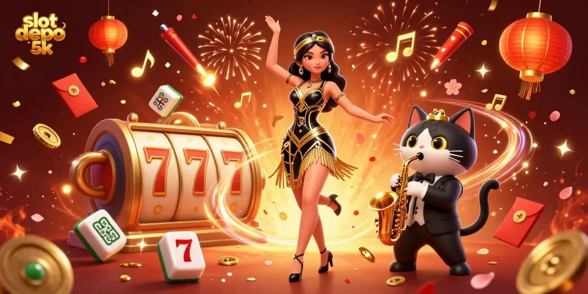 Experience thrilling wins with slot depo 5k in a vibrant, festive 3D casino scene.