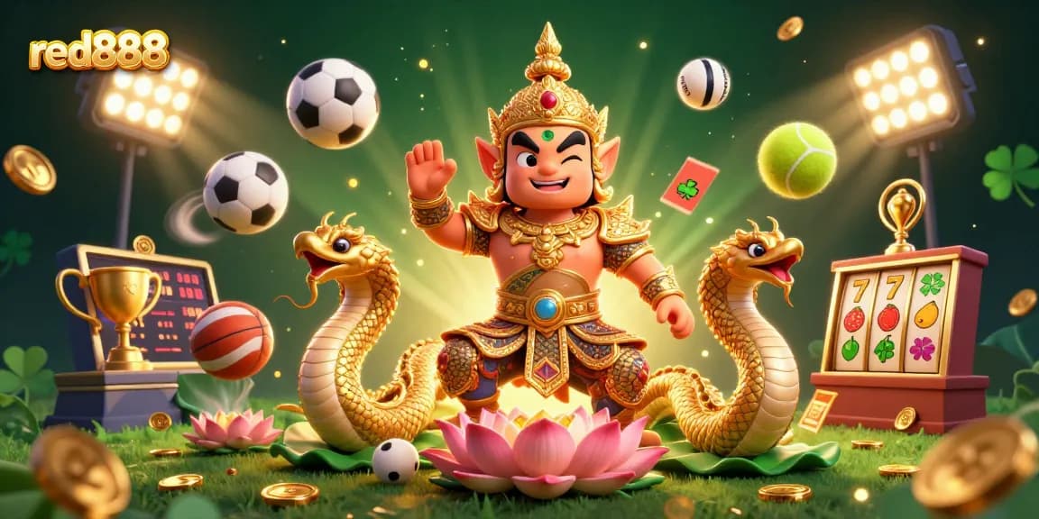 Engage with red888 and its vibrant gaming scene featuring a Thai guardian, sports elements, and dynamic visuals.