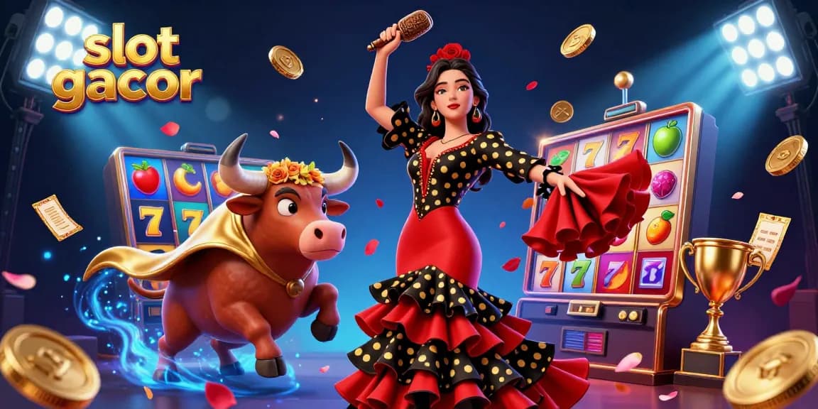 Experience the excitement of slot gacor games with a beautiful flamenco dancer amidst vibrant slot machine symbols and dynamic visuals.
