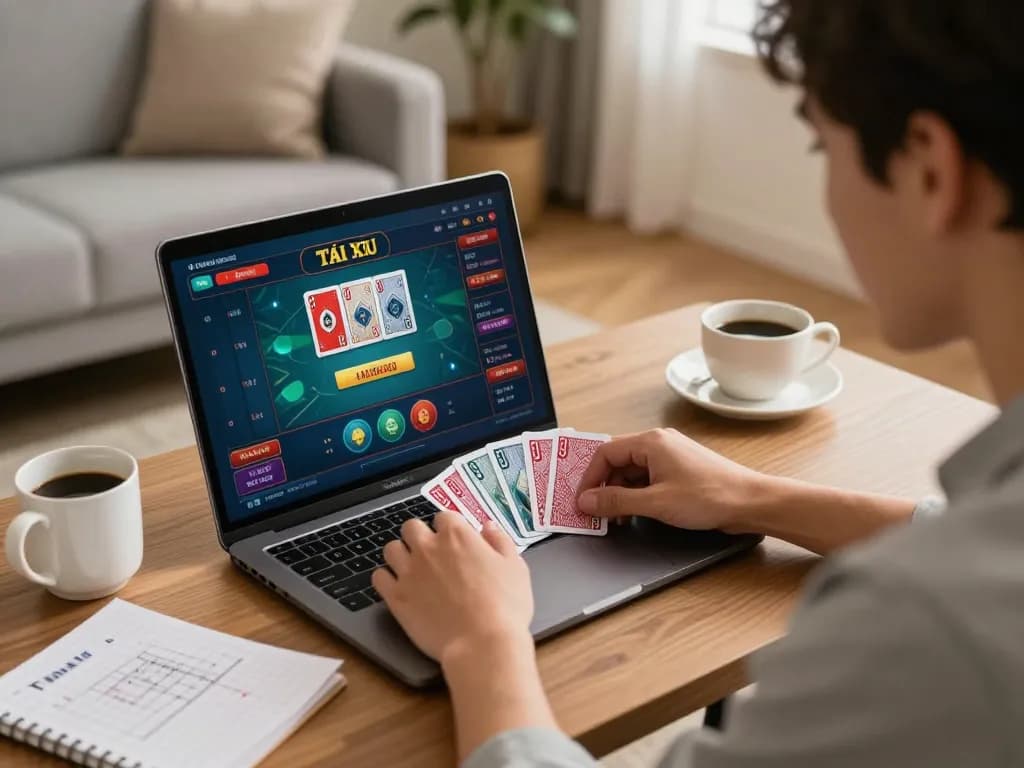 Tài Xỉu online gameplay on a laptop in a cozy setting, highlighting taixiuonline8 experience.