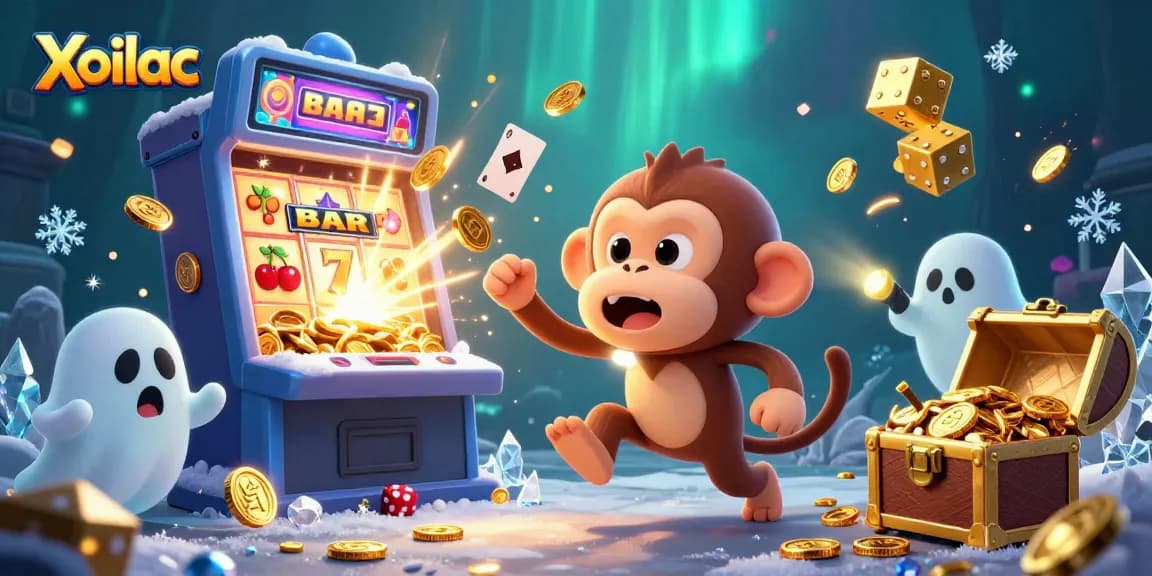 Xoilac showcases thrilling jackpot wins with a poltergeist monkey and a curious puppy in a vibrant casino scene.