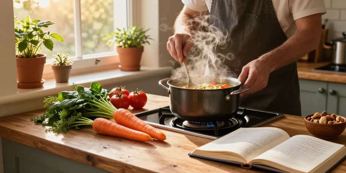 Eine lebendige Küchenszene, die zeigt, wie Vegane Suppen mit frischem Gemüse und warmem Licht zubereitet werden.