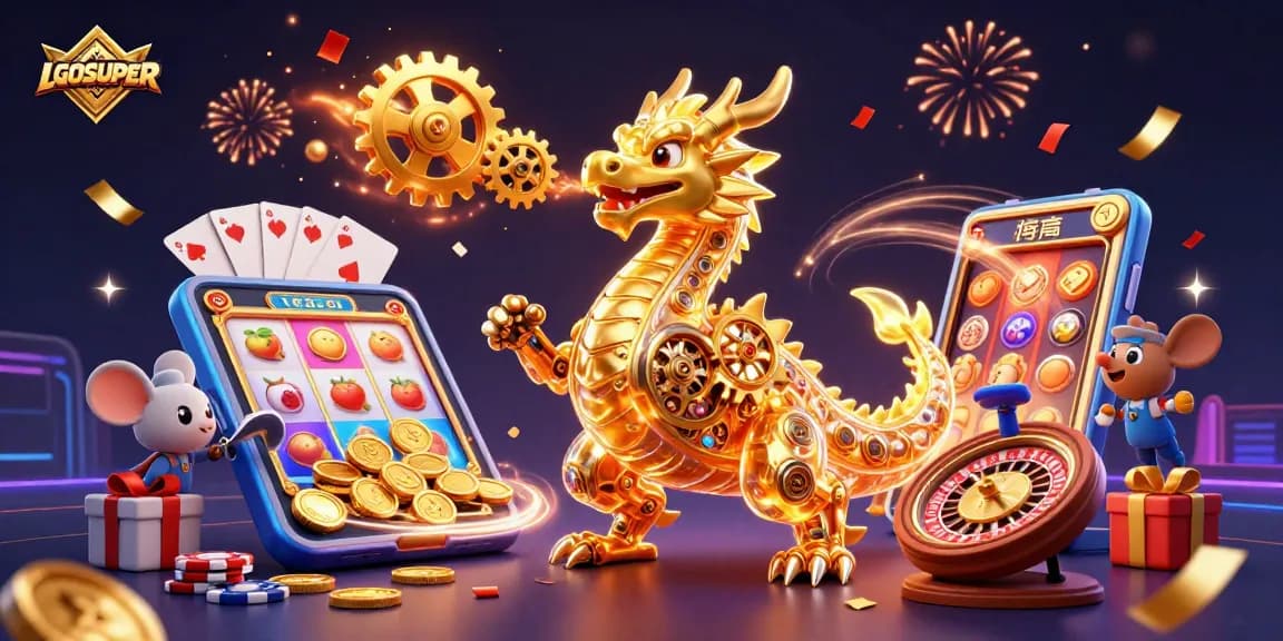 Experience LGOSUPER's thrilling slots through a vibrant 3D casino scene with a golden dragon and jackpot symbols.