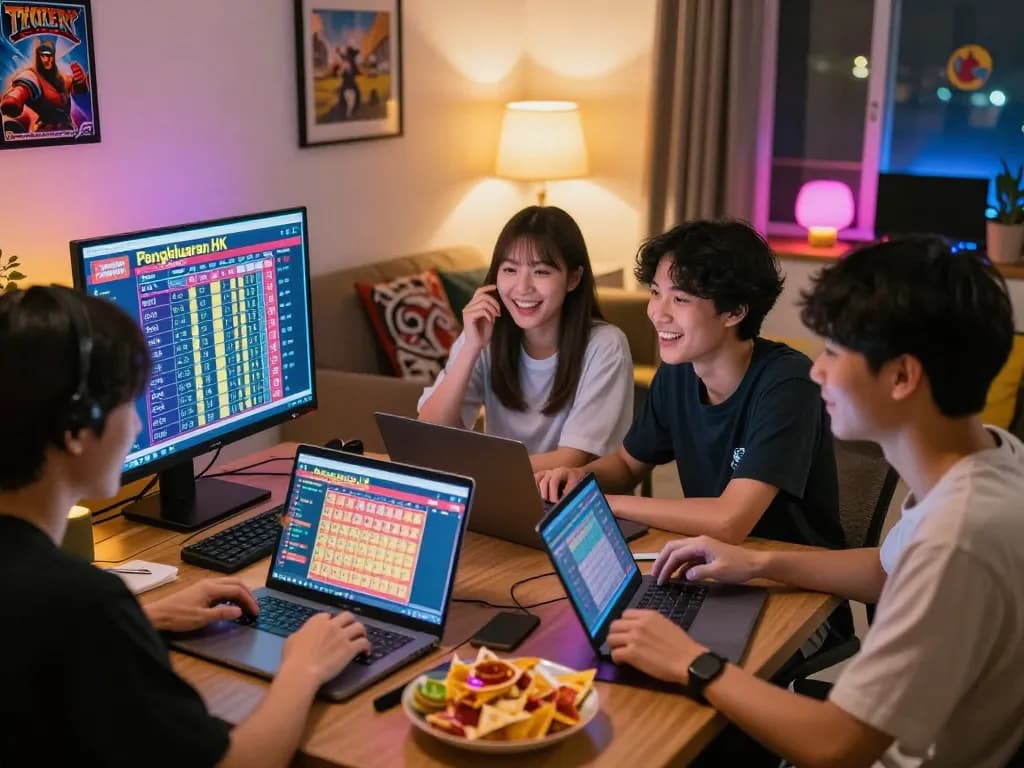 Engaged players watching live Pengeluaran HK results in a lively home setting, capturing excitement and camaraderie.