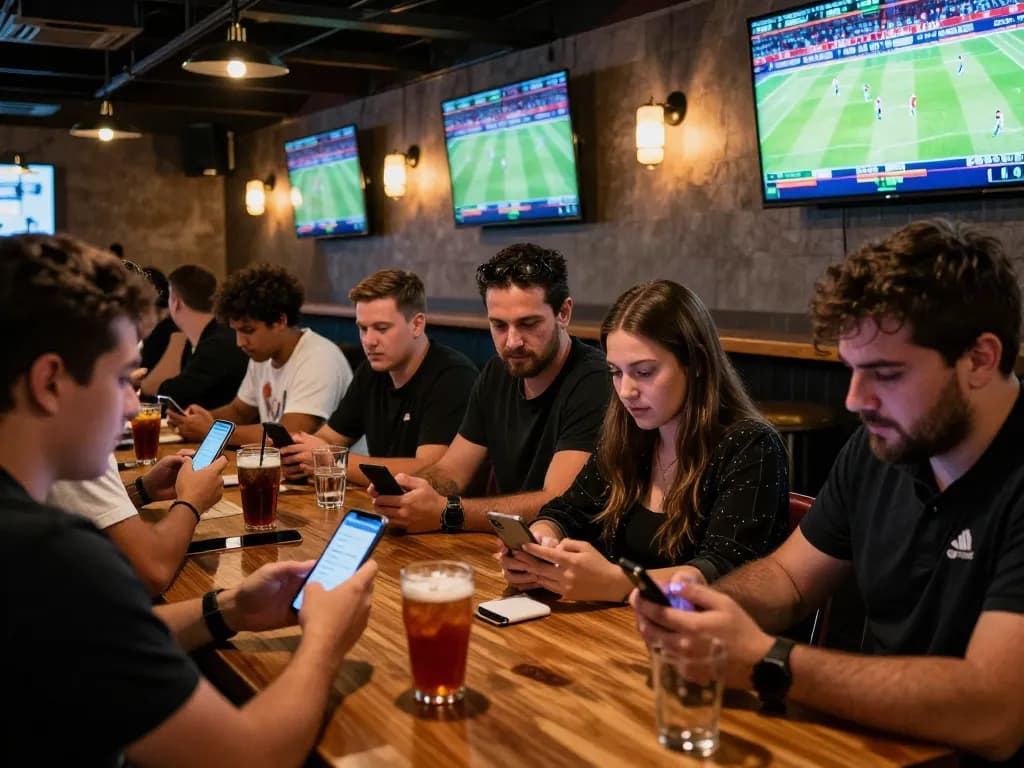Betting enthusiasts analyzing odds at keonhacaii88 in a vibrant sports bar setting