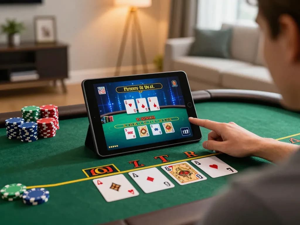 Engaging gameplay with O8 as user plays live dealer blackjack on a tablet in a cozy setting