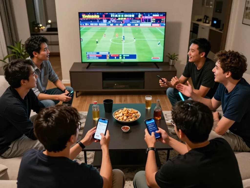 Friends cheering as they place bets on the tylekeonhacai88 app during a live sports event.