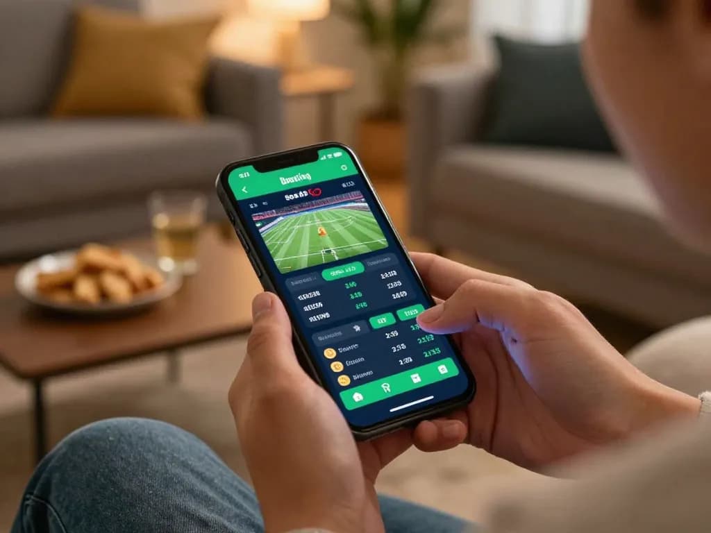 Excited user placing bets on v9bet mobile app, showcasing engaging sports betting experience.