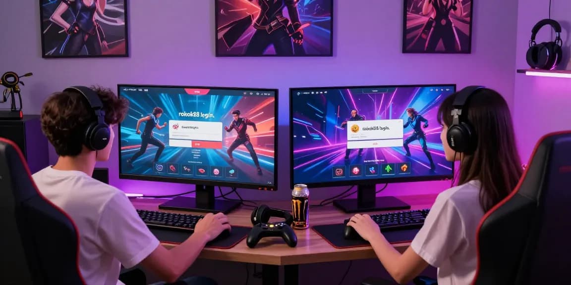 Engaged gamers utilizing rokok88 login on vibrant gaming screens in a lively atmosphere.