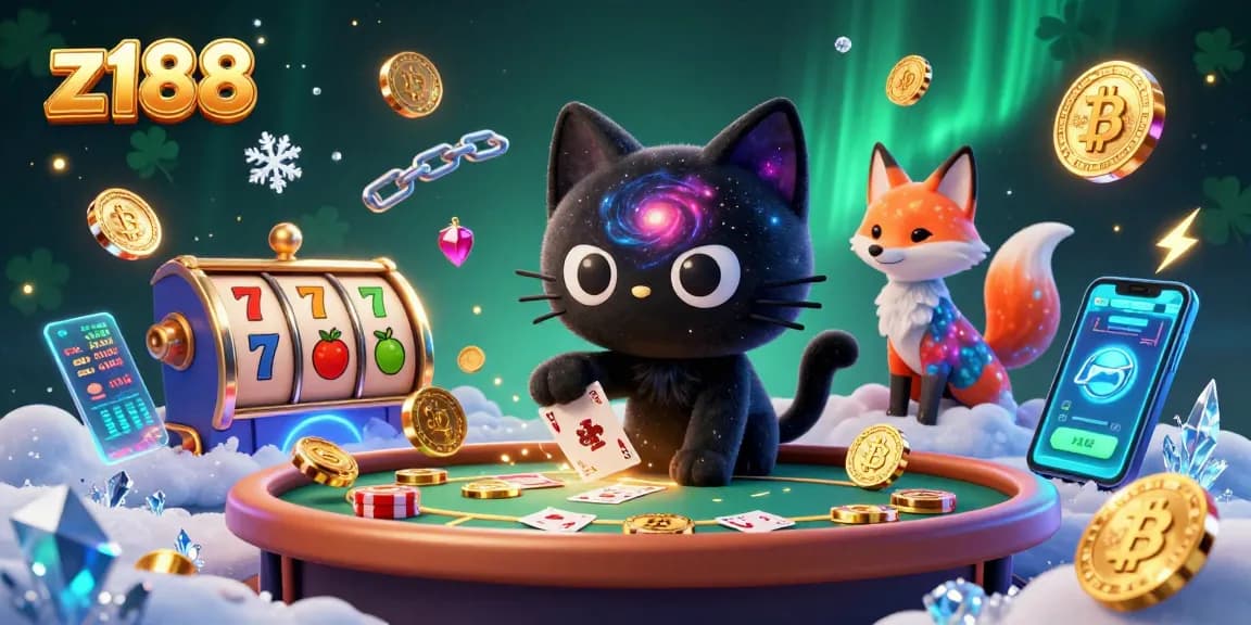 Engage with z188's cosmic casino experience featuring a black hole cat and nebula fox.