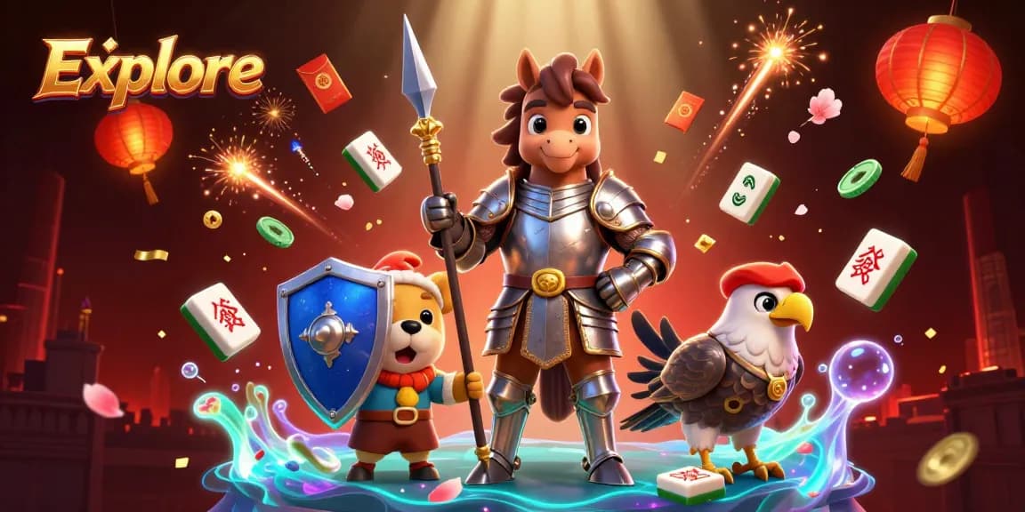 Explore vibrant casino-themed illustration featuring a knight, puppy, and falcon among gaming elements.