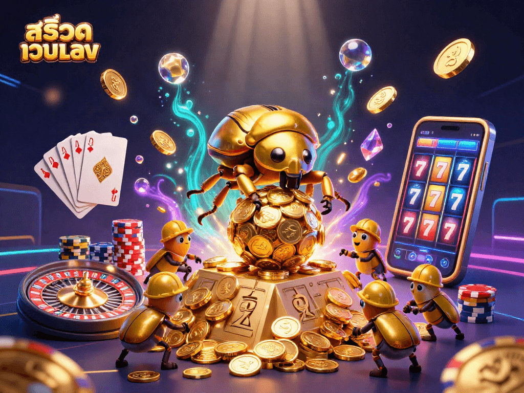 Experience excitement with the สล็อตเว็บตรง as a golden beetle rolls coins upwards surrounded by casino elements.