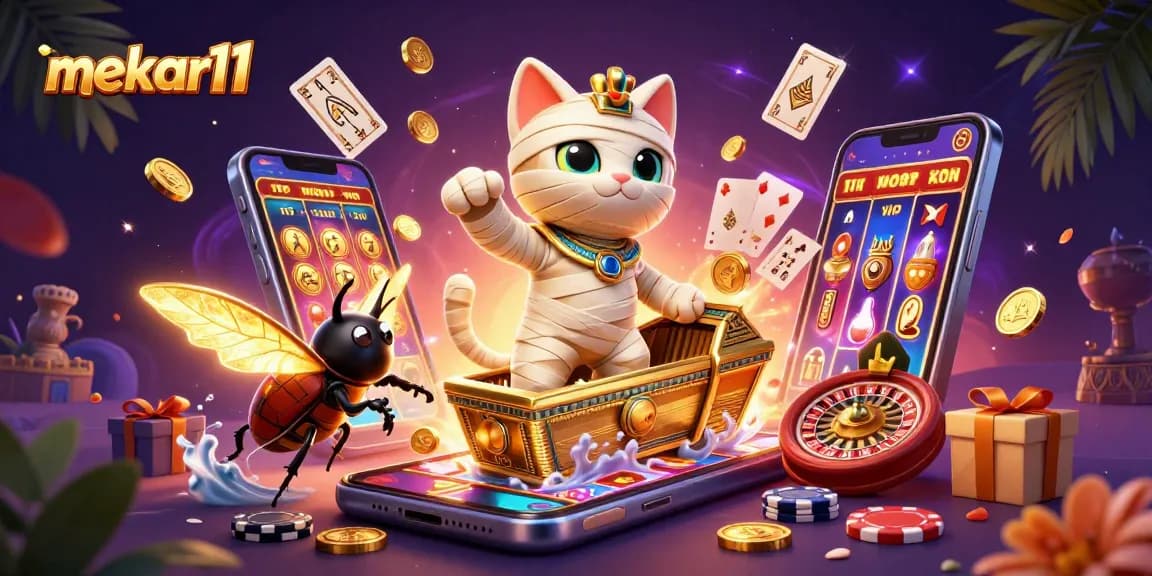 Spin the reels with mekar11 as the Egyptian mummy cat bursts from a sarcophagus amidst casino riches.
