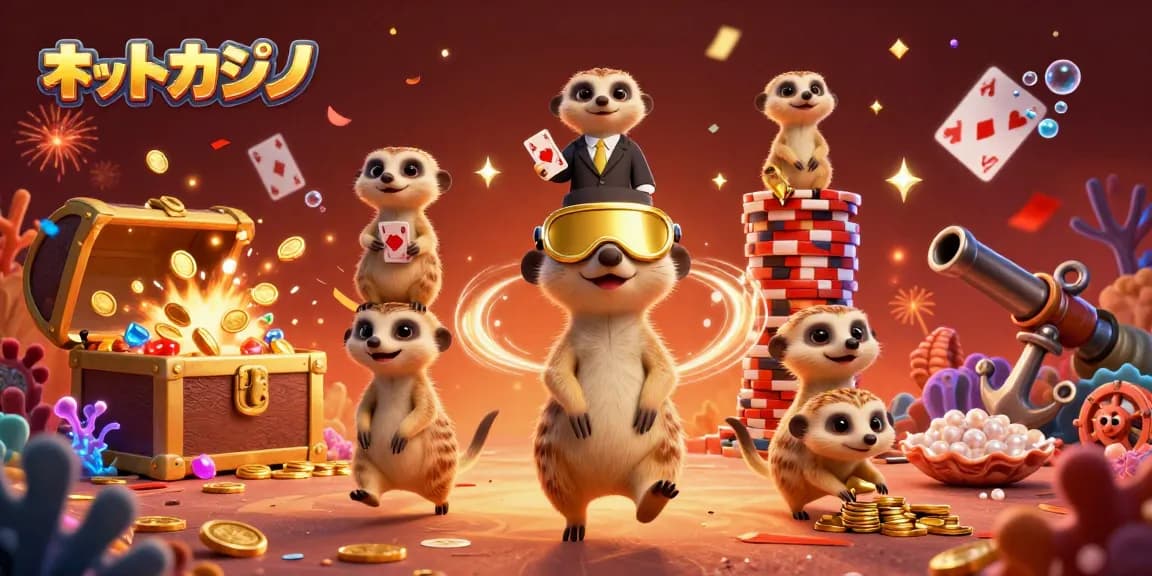 ネットカジノで楽しむべラジョンカジノのカラフルなイラスト、スロットとゲームでチップを稼ぐシーン。