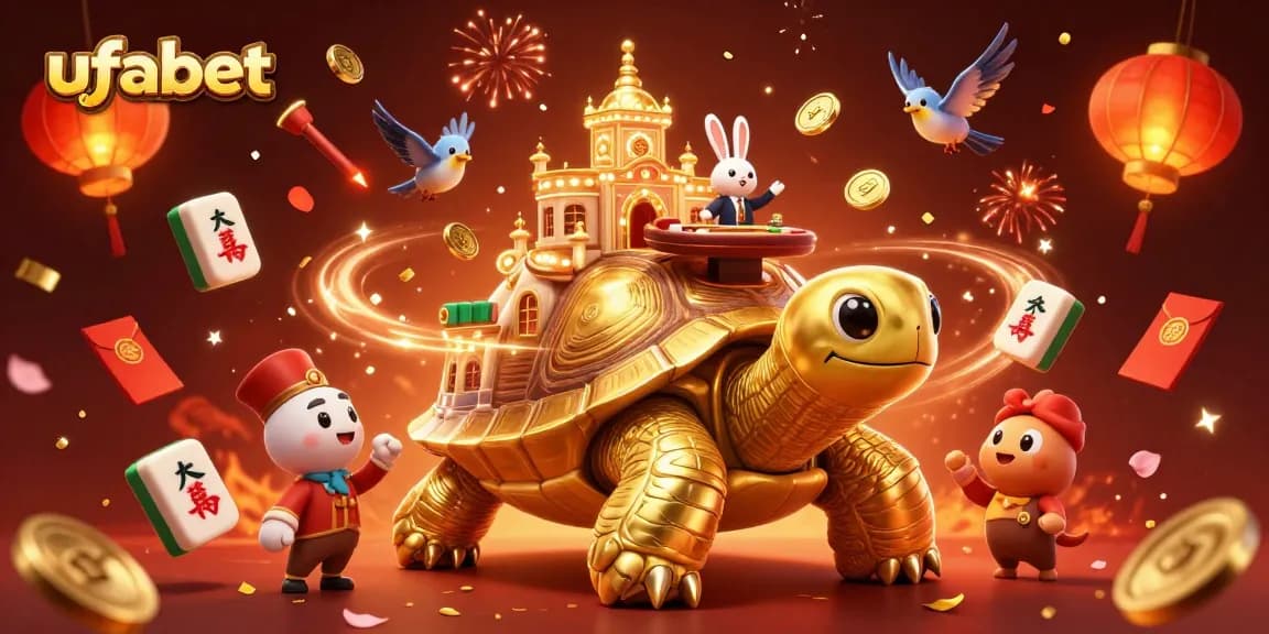 Experience the thrill of ufabet with a dynamic 3D casino scene featuring a golden tortoise and a rabbit dealer.