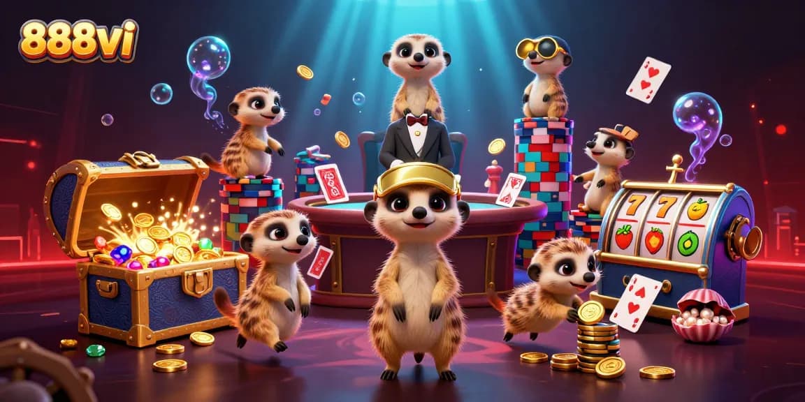 Experience the vibrant excitement of 888vi's casino with dynamic meerkats orchestrating fun.