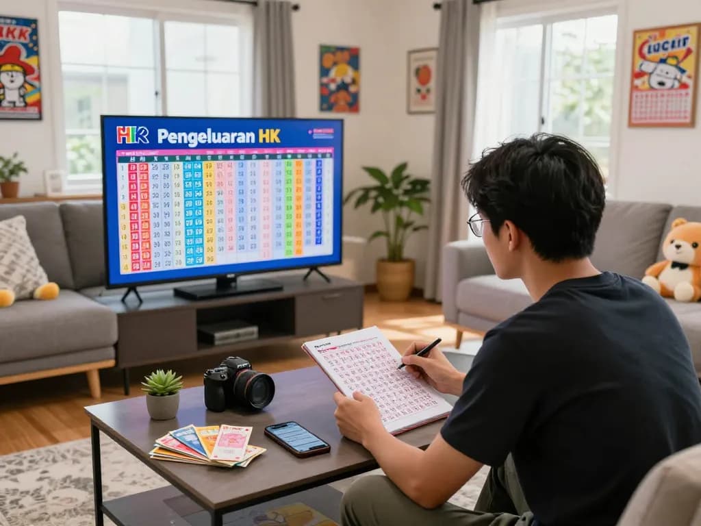 Engaged lottery enthusiast checking Pengeluaran HK results on a large screen in a cozy living room, surrounded by colorful tickets and a notebook.