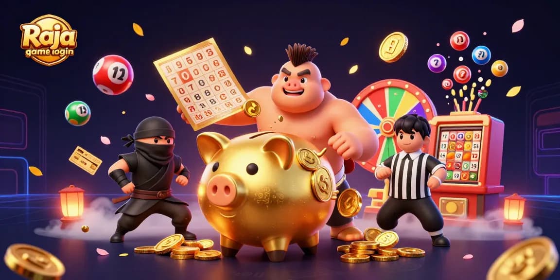 Experience Raja game login with a vibrant 3D casino scene filled with golden coins and lively game elements.