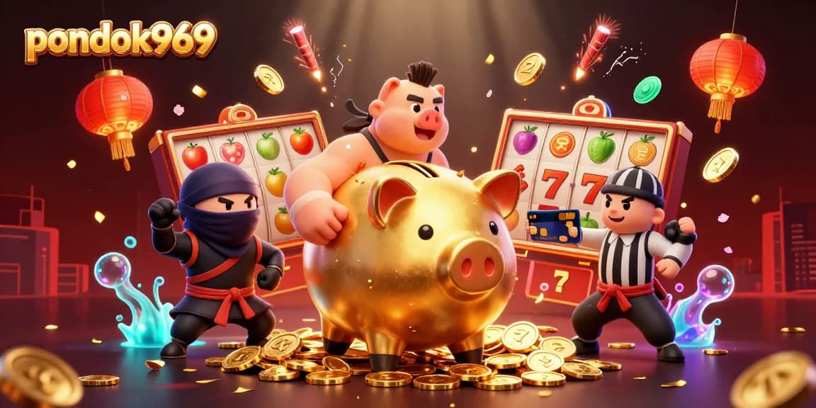 Pondok969 engages players with a vibrant 3D casino scene featuring a golden piggy bank sumo wrestler and explosive slot rewards.