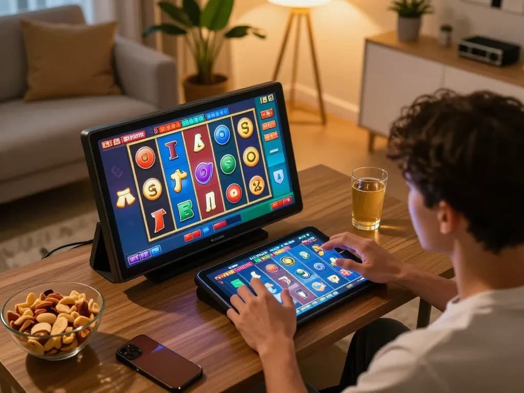 Engaging in Slot Gacor Dewagg gaming session, colorful reels displayed on tablet in cozy setting.