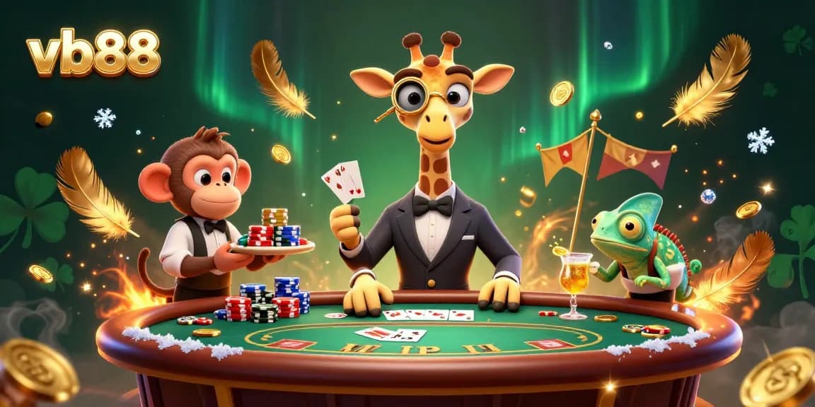 Join the excitement at vb88 with a lively poker scene featuring a high-roller giraffe and vibrant characters.