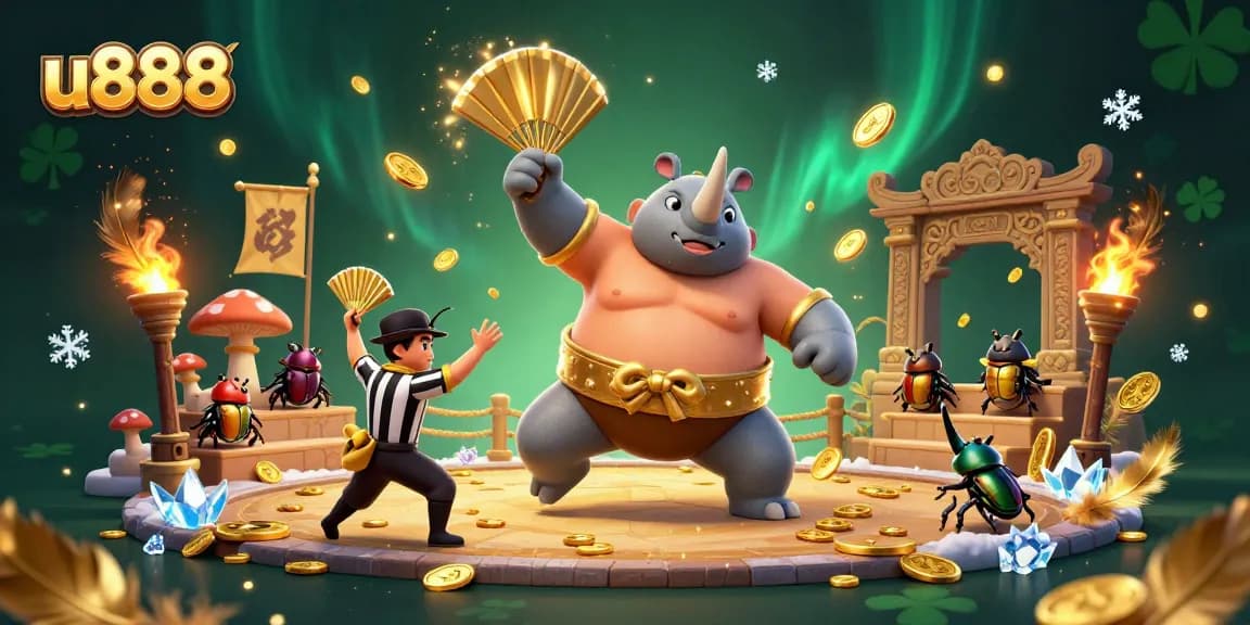 Bet on u888 with a dynamic scene featuring a sumo beetle champion amidst flying coins and vibrant game elements.