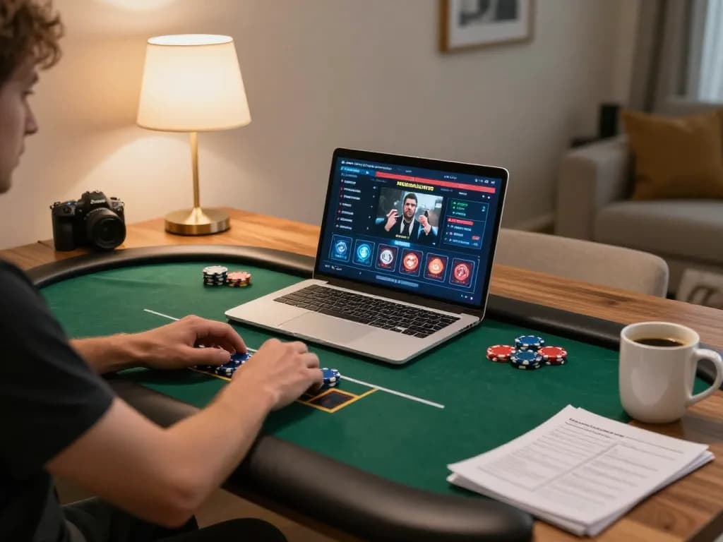 Player engaging with bk8 online poker setup at home, showcasing dynamic gaming action and strategic atmosphere.