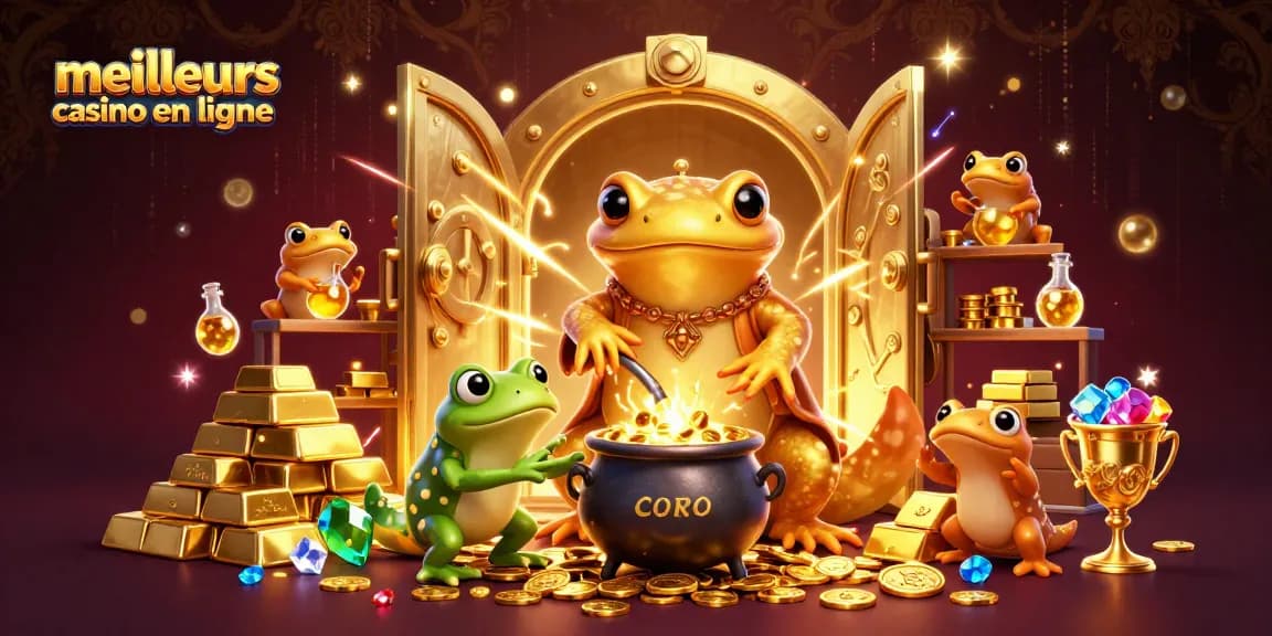 Illustration de la scène dynamique de la recherche des meilleurs casinos en ligne, avec des personnages 3D animés au sein d'un laboratoire alchimique.