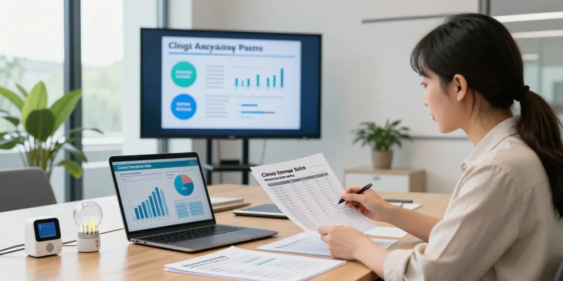 Explore ccl rates 2026 with a professional analyzing energy bills and sustainability strategies in a bright office