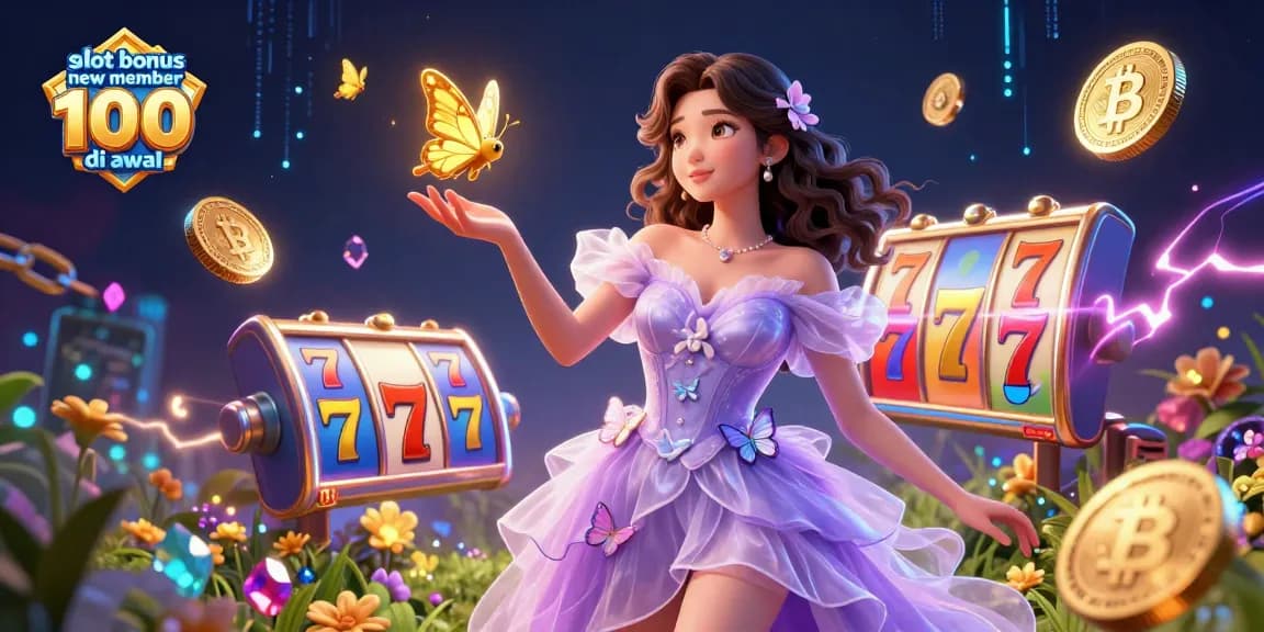 Experience the thrill of slot bonus new member 100 di awal with vibrant slot reels and jackpots in a magical setting.